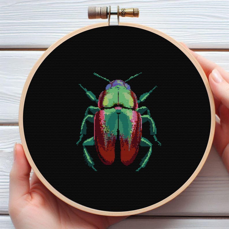 May include: A close-up of a cross-stitch embroidery hoop with a black background and a colorful beetle design. The beetle is green, red, and purple with black legs and antennae.