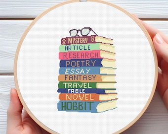 May include: A stack of colorful books with different genres written on the spines, including mystery, article, research, poetry, essay, fantasy, travel, fable, novel, and hobbit. A pair of glasses sits on top of the stack.