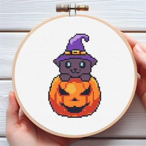 Black Cat & Pumpkin Halloween Cross Stitch Pattern - Downloadable Digital Printed PDF Design