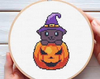 Schwarze Katze & Kürbis Halloween Kreuzstichmuster - Herunterladbares Digitaldruck PDF Design