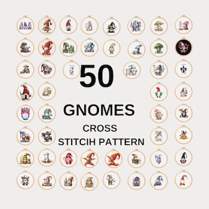 Könnte beinhalten: Eine Sammlung von 50 Zwerg-Kreuzstichmustern, jeweils in einem hölzernen Stickrahmen dargestellt. Die Zwerge sind in verschiedenen Posen und Outfits dargestellt, mit einer Vielzahl von Farben und Designs. Der Text "50 GNOMES CROSS STITCH PATTERN" ist zu sehen.