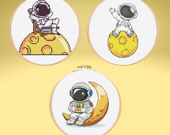 Astronaut Cross Stitch Pattern 3-Pack | Space Nursery PDF Set | Modern Kids Decor