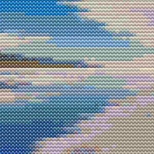 May include: Abstract painting with a pixelated effect. The painting features a blue, white, and brown colour scheme. The colours are arranged in a diagonal pattern.