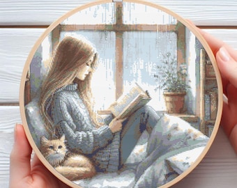 Finestra che legge ragazza e gatto schema punto croce - disegno PDF digitale stampato scaricabile