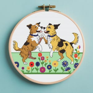 Playing Cute Dogs Cross Stitch Pattern. Downloadable Digital PDF
