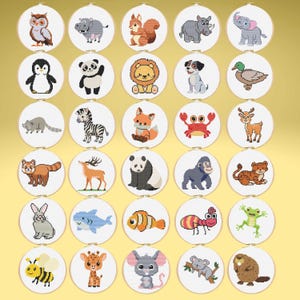 May include: A selection of 28 embroidered animal designs, each within a white hoop. The animals depicted include an owl, hippo, squirrel, rhino, elephant, penguin, panda, lion, dog, duck, raccoon, zebra, fox, crab, deer, red panda, deer, panda, gorilla, tiger, rabbit, shark, clownfish, ant, frog, bee, giraffe, mouse, koala, and beaver.