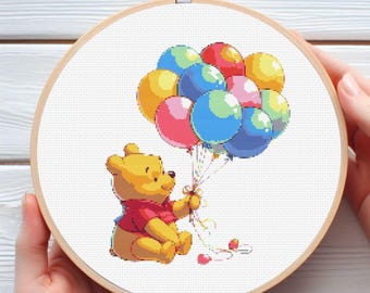 Patrón de punto de cruz de osito de peluche con globos (PDF)