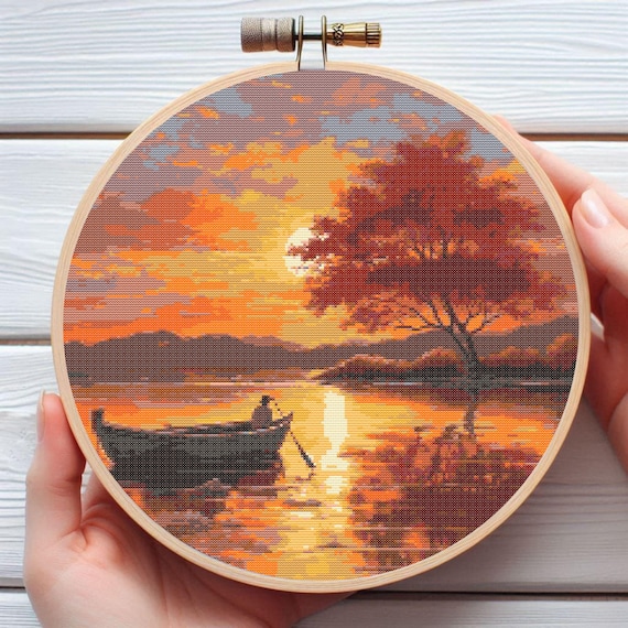 Sun Set On River Cross Stitch Pattern. Downloadable Digital Printed PDF Design