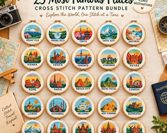May include: A collection of 25 circular cross stitch patterns featuring famous global landmarks like Mount Fuji, Paris, and the Giza Pyramids. Each embroidery hoop displays a colorful, detailed scene with the location name printed below the image.