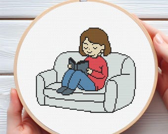 Cozy Reading Girl Cross Stitch Pattern | Book Lover PDF | Modern Hygge Home Embroidery