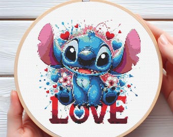 Stitch and Love Kreuzstichmuster - 18 Farbe Romantisches Disney-Motiv - 140x140 Stiche PDF