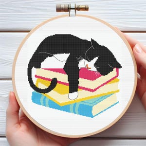 May include: A cross-stitch embroidery hoop featuring a black and white cat sleeping on a stack of colorful books. The books are in shades of pink, yellow, and blue. The cat has a white chest and paws, and a pink nose.