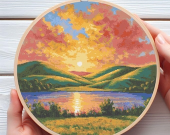 Sunset on The Lake Cross Stitch Pattern - Downloadable Digital Printed PDF Design