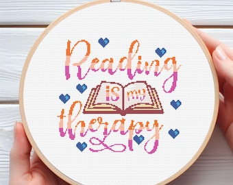 Reading is My Therapy Cross Stitch Pattern | Book Lover Gift PDF Embroidery | Librarian Decor
