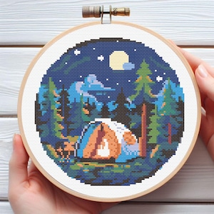 Camping in the Forest Cross Stitch Pattern - Downloadable Digital Printed PDF Design