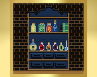 Witch's Apothecary Cabinet Cross Stitch Pattern | Detailed 25 Color Magic Shelf PDF