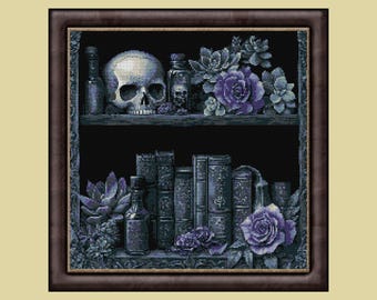 Gothic Purple Skulls & Books Cross Stitch Pattern | Dark Academia PDF | Witchy Home Decor