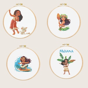 May include: Four cross-stitch hoops featuring characters from the animated film "Moana." Each hoop has a wooden frame and a white background. The characters are depicted in various poses, including dancing, holding a paddle, surfing, and standing with leaves.