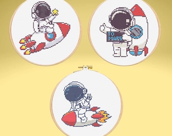 Astronaut Cross Stitch Pattern 3-Pack | Space Nursery Decor PDF | Minimalist Sci-Fi