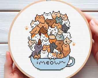 "Süßes Katzen ""MEOW"" Kreuzstichmuster | 14 Farben feline Design (PDF)