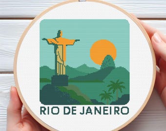 Rio de Janeiro Cross Stitch Pattern | Christ the Redeemer PDF | Vibrant 10 Color Cityscape