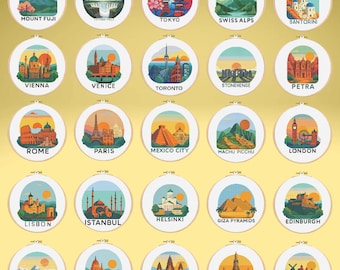 25 Famous World Landmarks Cross Stitch Pattern Collection Travel Art Set PDF
