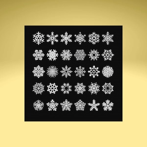 May include: A black square with a grid of white snowflake designs. Each snowflake has a unique, intricate pattern. The background is a gradient of gold and yellow.