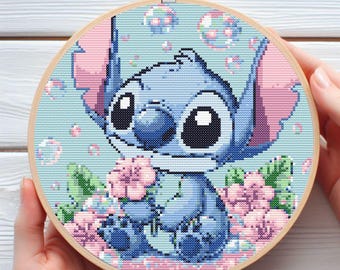 Stitch and Pink Flowers Cross Stitch Pattern - 120x120 Stitches - Digital PDF