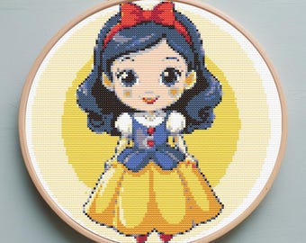 プリンセス白雪姫のクロスステッチパターン - 円形デザイン - 120x116ステッチ - PDFデジタルダウンロード