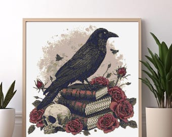 Skull, Books, and Raven Cross Stitch Pattern - 15 Color Dark Academia Design PDF