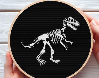 T-Rex Skeleton Cross Stitch Pattern | Minimalist Dinosaur Fossil PDF | 2 Color Design