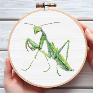 May include: A cross-stitch embroidery of a green praying mantis, set in a wooden hoop. The insect is depicted in detail, with its distinctive body shape and pose. The background is white, highlighting the vibrant green of the mantis.