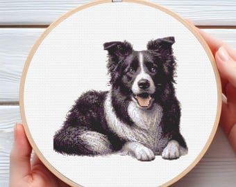 Kruissteekpatroon border collie - 11 kleuren gedetailleerd hondenportret - pdf 140 x 140 steken