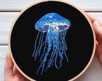 Jellyfish Cross Stitch Pattern | Bioluminescent Sea Life PDF | Ocean Nautical Decor