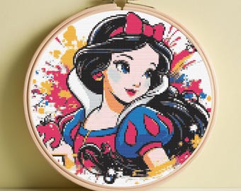 白雪姫ディズニープリンセスのクロスステッチパターン。ダウンロード可能な印刷可能なデジタルデザイン。
