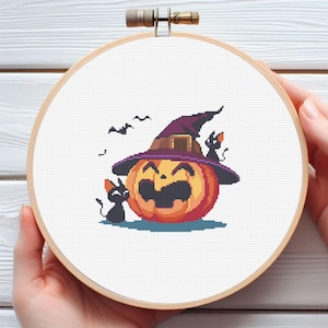 Halloween Black Cat and Pumpkin Cross Stitch Pattern - Downloadable Digital Printed PDF Design