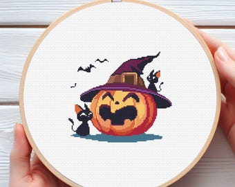 Halloween schwarze Katze und Kürbis Kreuzstichmuster - Herunterladbares Digitaldruck PDF Design
