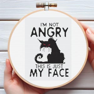 May include: A cross-stitch hoop featuring the text "I'M NOT ANGRY THIS IS JUST MY FACE" above a black cat silhouette with red eyes. The cat has a curly tail and is set against a white background.