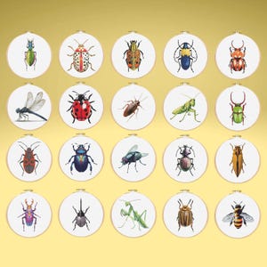 May include: Twenty cross-stitch embroidery hoops, each displaying a different insect design. The insects are in various colours and patterns, including beetles, a dragonfly, a ladybird, and a bee. The hoops are arranged on a gold background.