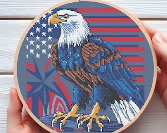 American Bald Eagle with Flag Cross Stitch Pattern - Downloadable Digital Printed PDF Design