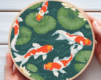 Japanese Koi Fish Cross Stitch Pattern. Downloadable Digital Printed PDF Design