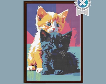 Kätzchen Kreuzstich Muster | Stickdatei für schwarze & gelbe Katzen (Digitales PDF)