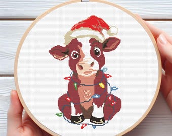 Highland Cow in Christmas Cross Stitch Pattern - Festive Farm Downloadable Digital Printed PDF Design