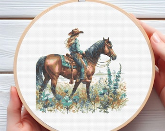 Cowgirl on Horse Cross Stitch Pattern - 18 Color Detailed Western Art - 160x160 Stitches PDF