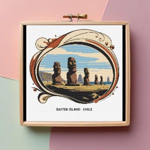 May include: Cross-stitch pattern featuring a vintage illustration of the Moai statues on Easter Island, Chile. The image is framed in a decorative border with a brown, red, and cream color scheme. The text "Easter Island Chile" is printed below the image.