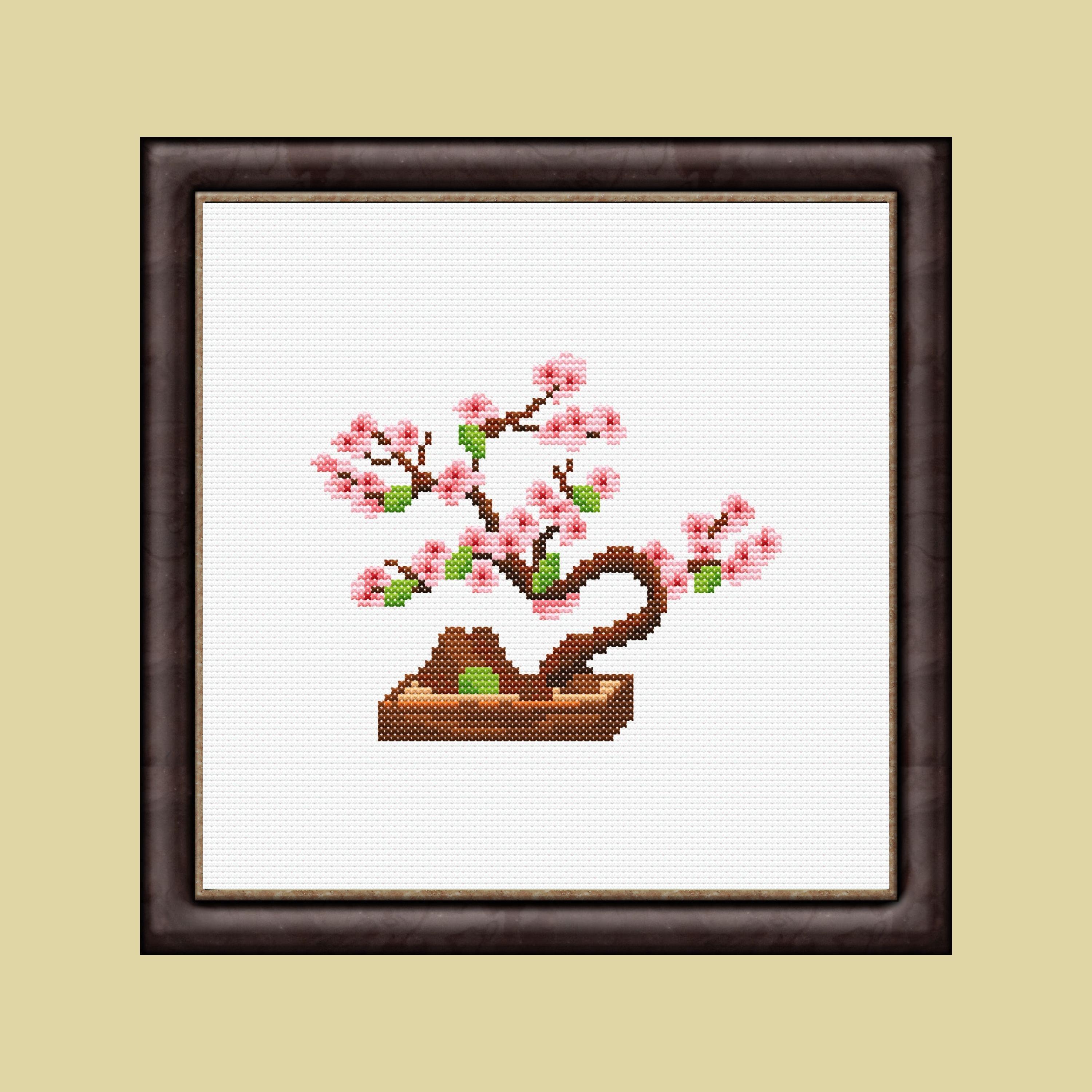 Cherry Blossom Bonsai Cross Stitch Pattern | 70x68 Stitches | 14
