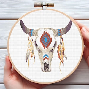 May include: A white bull skull with blue, red and brown feathers and geometric patterns. The skull is framed in a wooden hoop.
