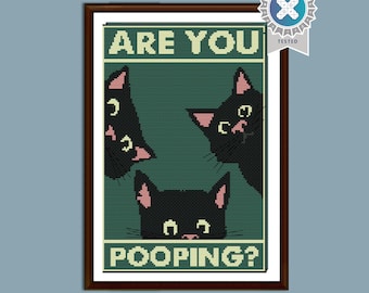 Are You Pooping? Funny Cats Cross Stitch Pattern - Downloadable Printed Digital PDF Design