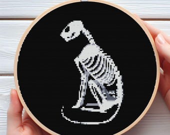Patrón de punto de cruz de esqueleto de gato / Decoración gótica de Halloween (PDF digital)