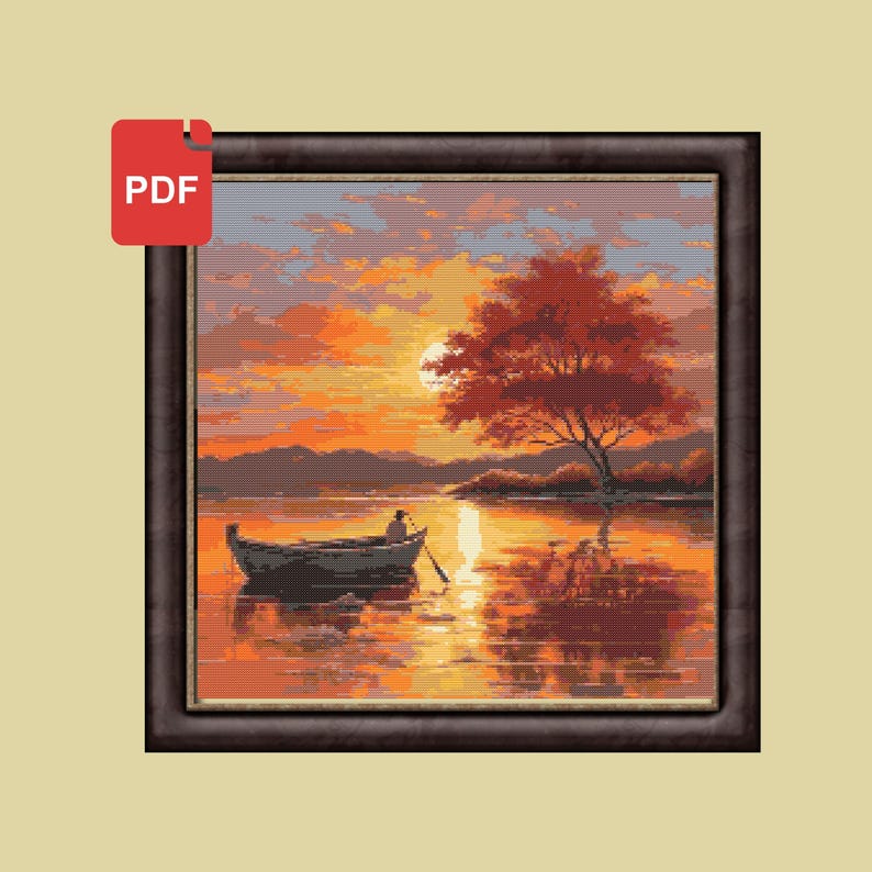K&ouml;nnte beinhalten: Ein Kreuzstichmuster, das eine Sonnenuntergangsszene mit einem einsamen Boot auf einem See zeigt. Der Himmel ist in leuchtenden Orange- und Rosat&ouml;nen gehalten, mit einem einzelnen Baum am Ufer.